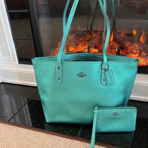Coach Turquoise Tote Bag and Wallet Set